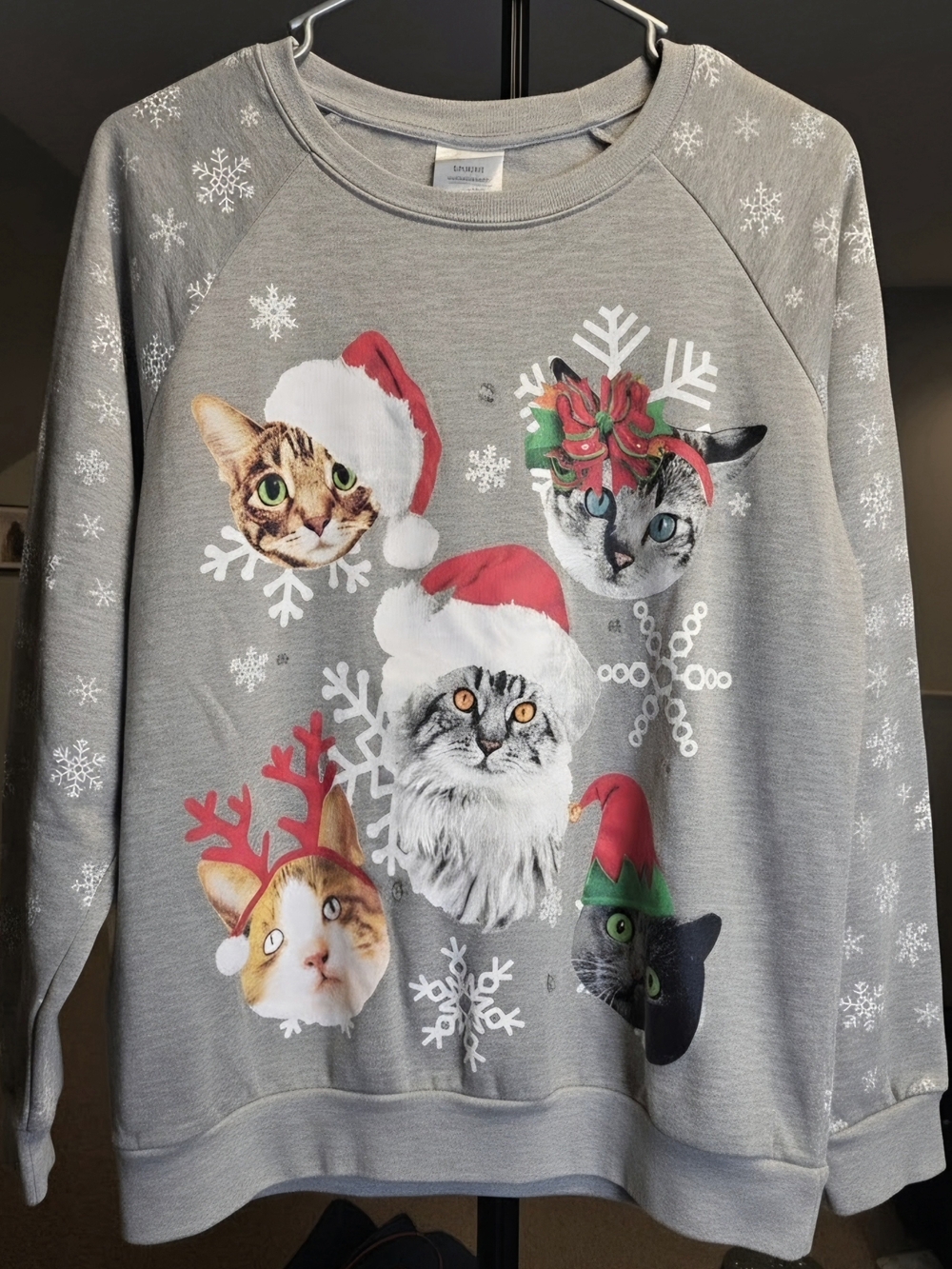 Freeze Gray Holiday Cat Graphic Sweatshirt with Red Accents